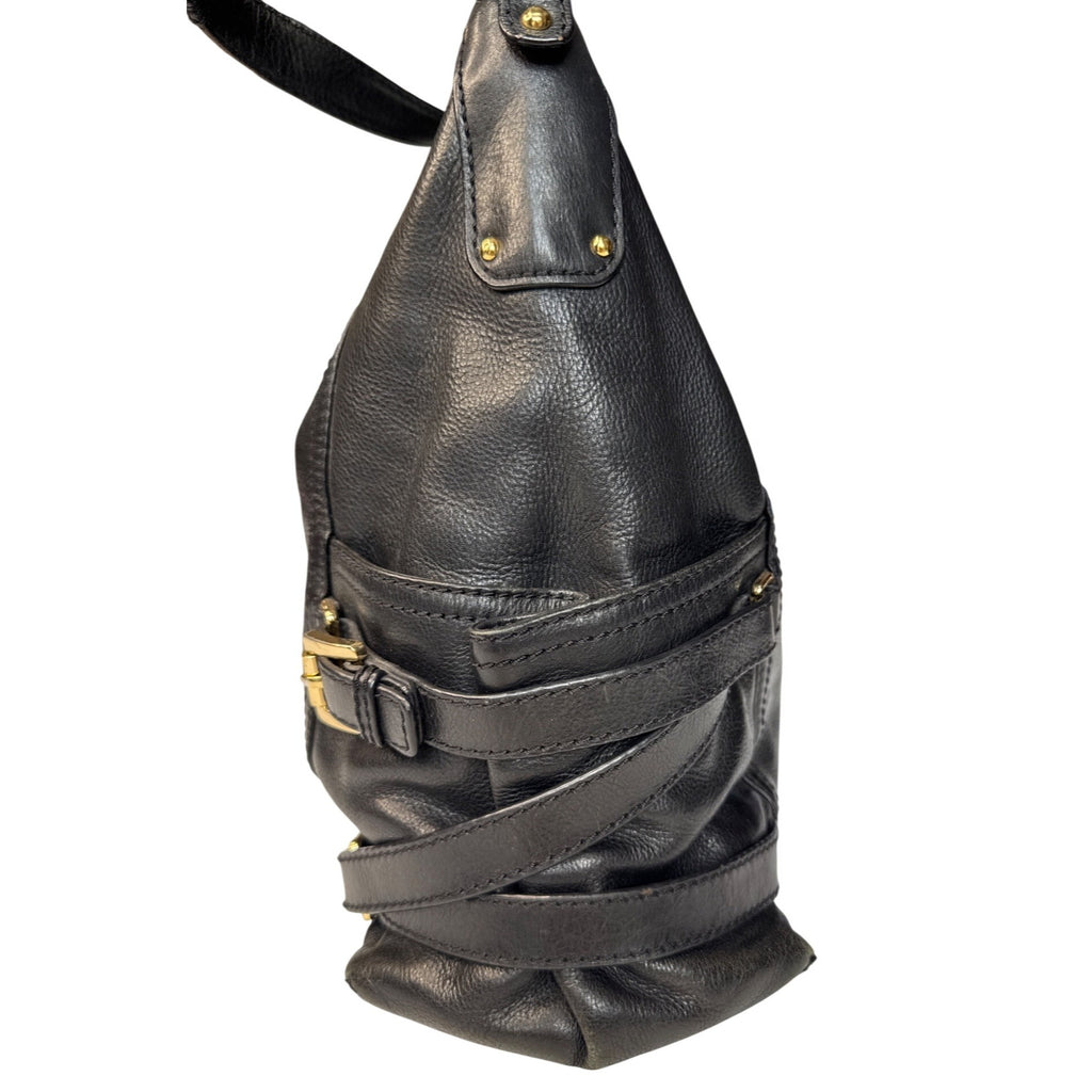 Michael Kors Black Leather Shoulder Bag With Gold Hardware & Buckle Details