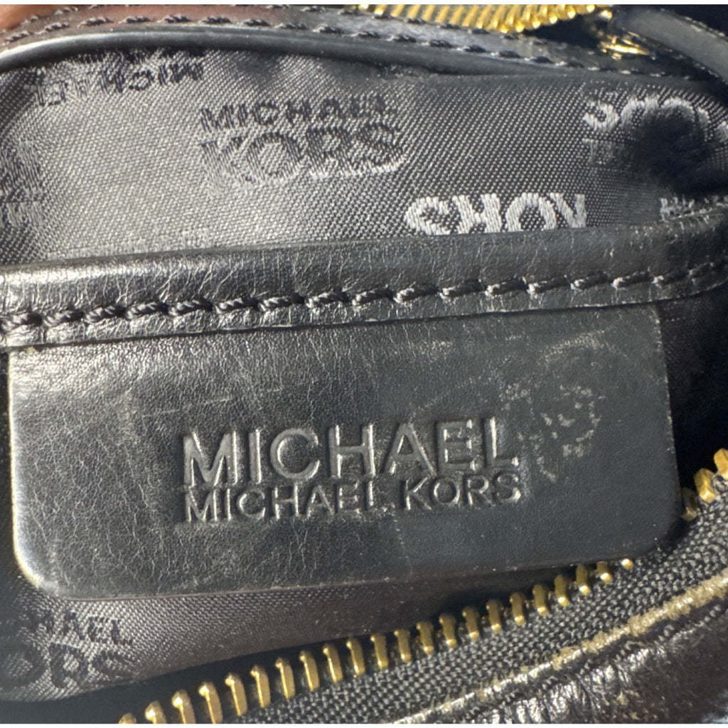 Michael Kors Black Leather Shoulder Bag With Gold Hardware & Buckle Details