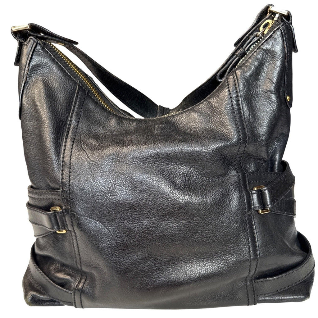 Michael Kors Black Leather Shoulder Bag With Gold Hardware & Buckle Details
