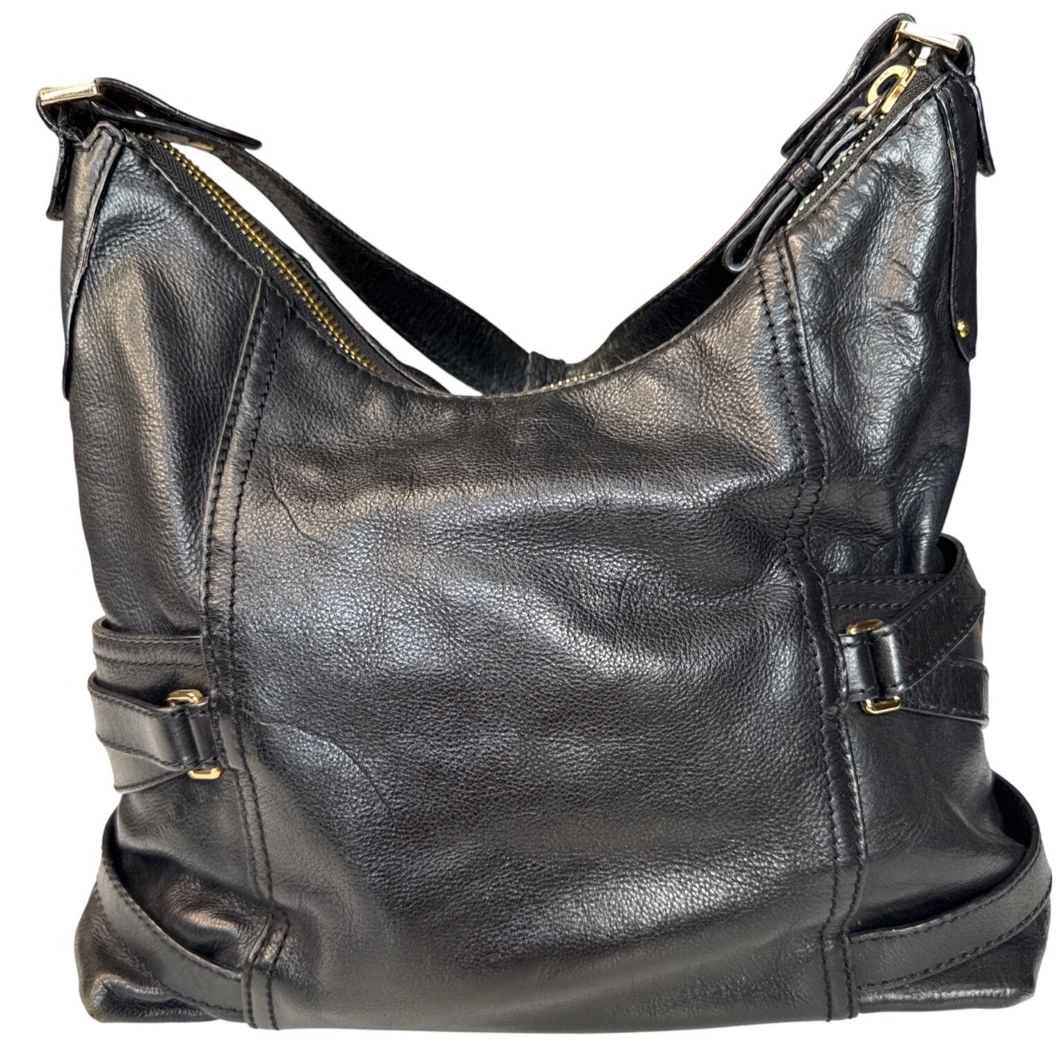 Michael Kors Black Leather Shoulder Bag With Gold Hardware & Buckle Details