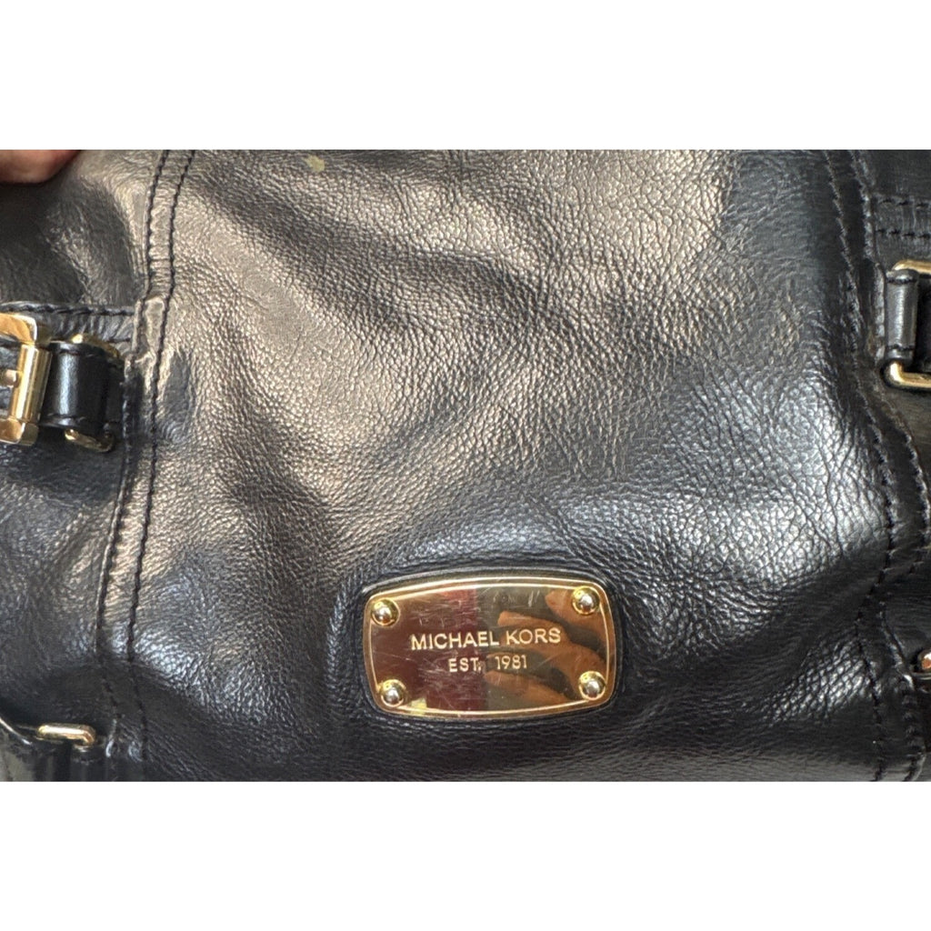 Michael Kors Black Leather Shoulder Bag With Gold Hardware & Buckle Details