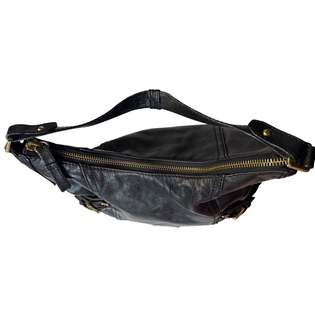 Michael Kors Black Leather Shoulder Bag With Gold Hardware & Buckle Details