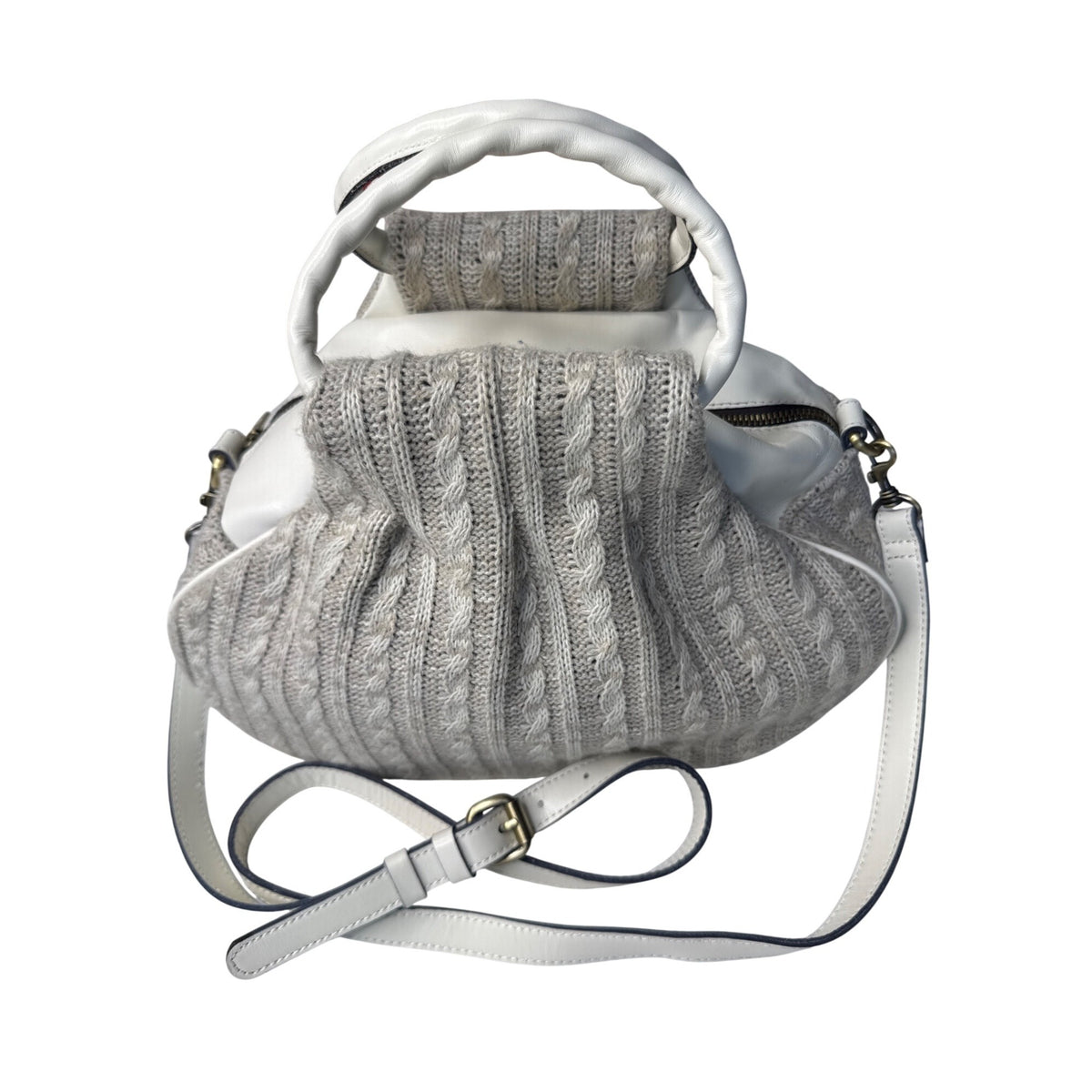 Patricia Nash Milburn Cable Knit Crochet Crossbody Satchel Grey White
