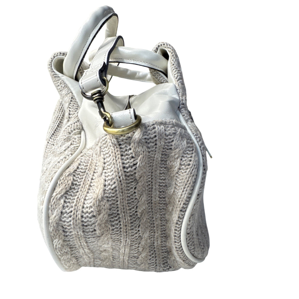 Patricia Nash Milburn Cable Knit Crochet Crossbody Satchel Grey White