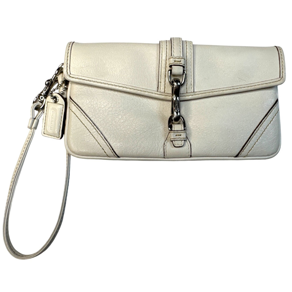 Coach White Leather Wristlet Clutch With Silver Hardware & Signature Lining