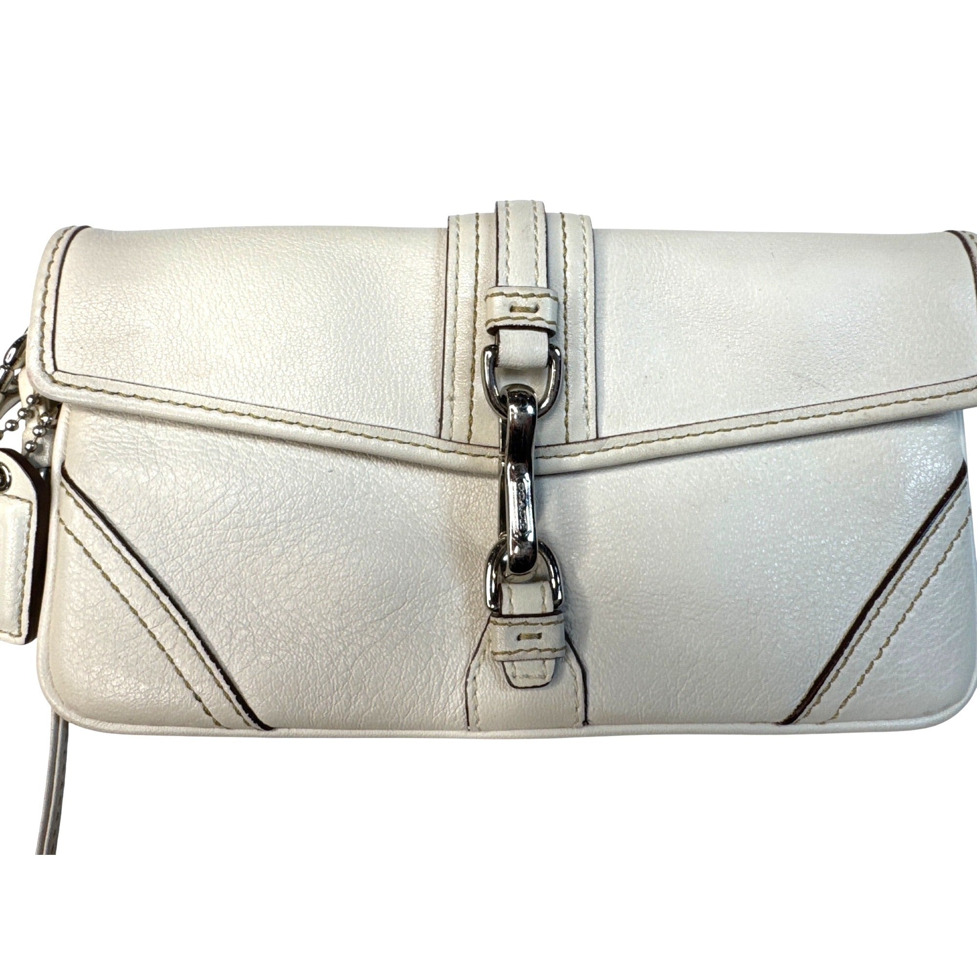 Coach White Leather Wristlet Clutch With Silver Hardware & Signature Lining
