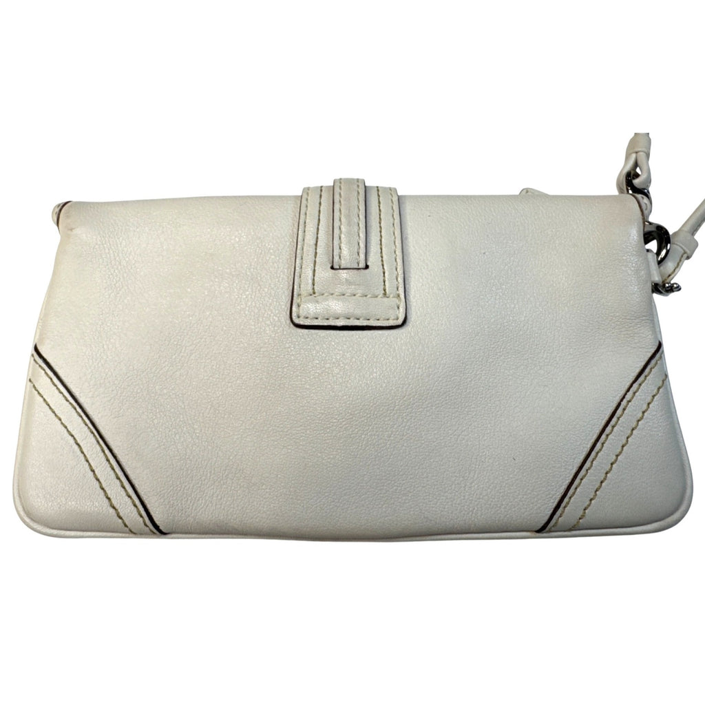 Coach White Leather Wristlet Clutch With Silver Hardware & Signature Lining
