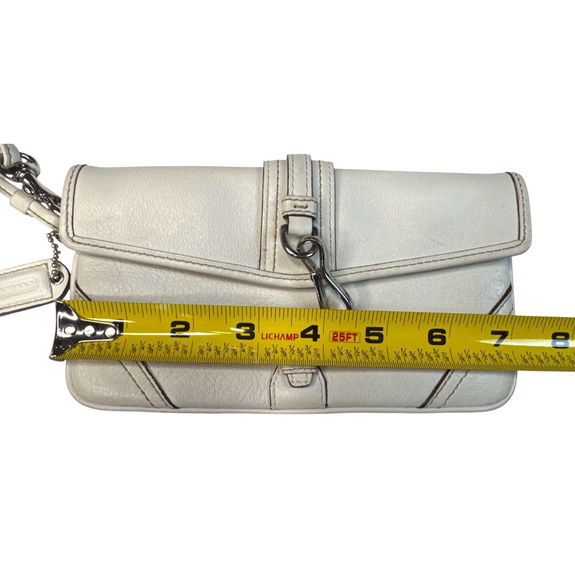 Coach White Leather Wristlet Clutch With Silver Hardware & Signature Lining