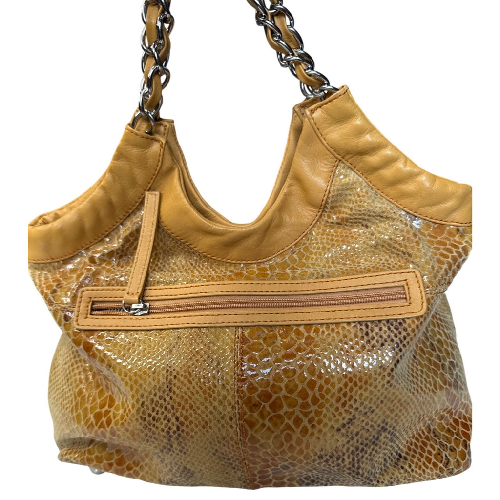 Adrienne Vittadini Yellow Faux Snakeskin Leather Tote Bag W/ Chain-Strap