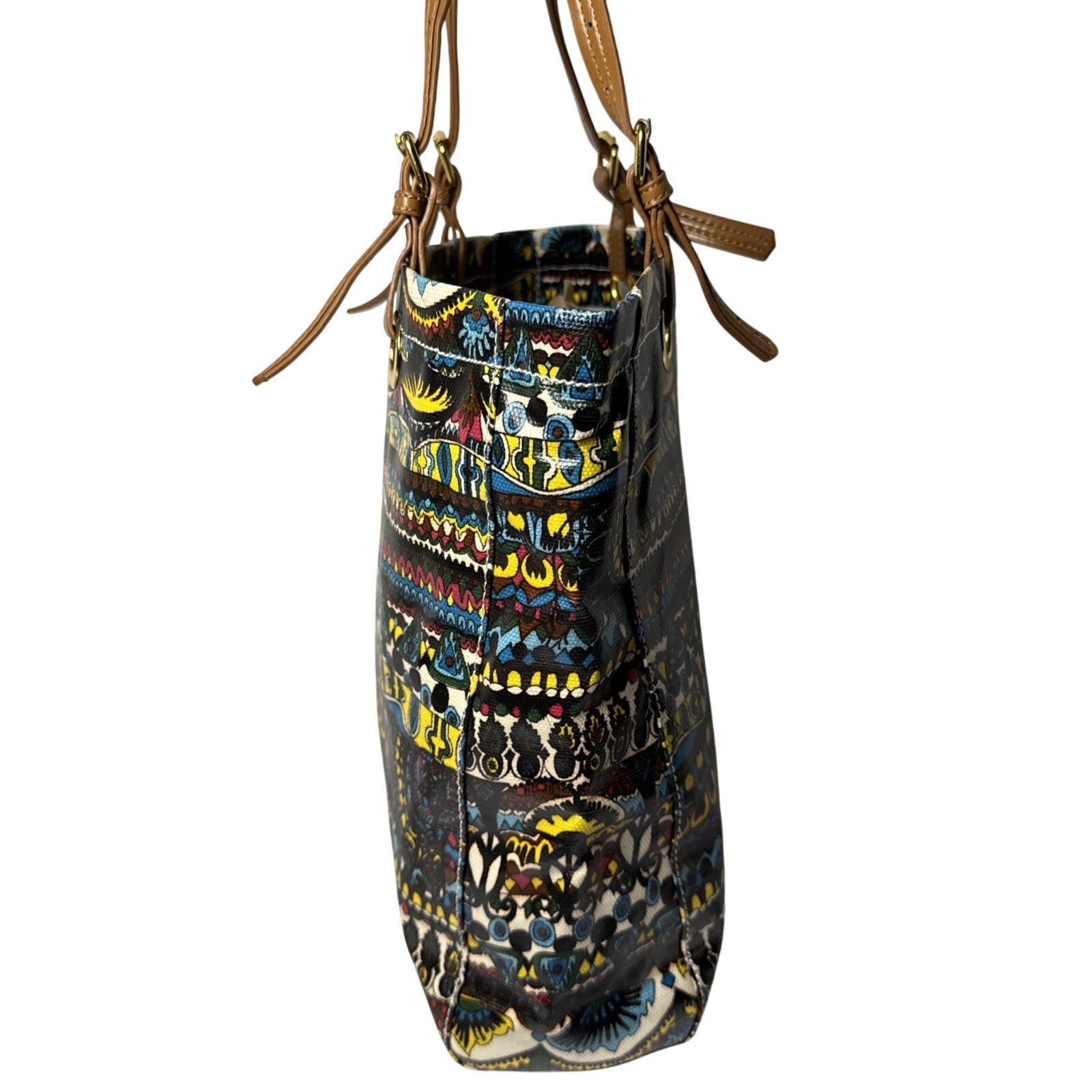 Stack Roots Multicolor Graphics Tote Bag With Brown Handles