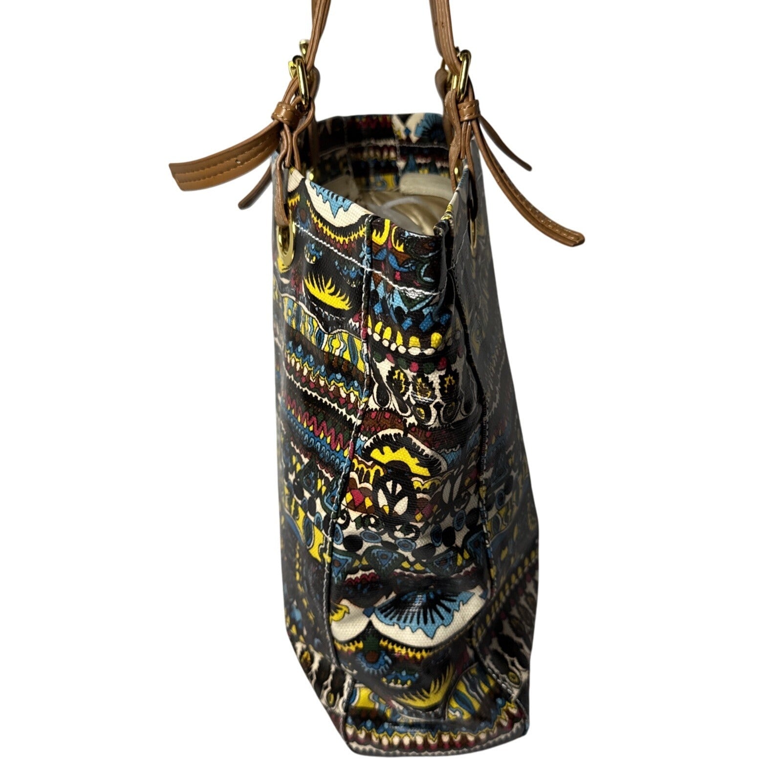 Stack Roots Multicolor Graphics Tote Bag With Brown Handles