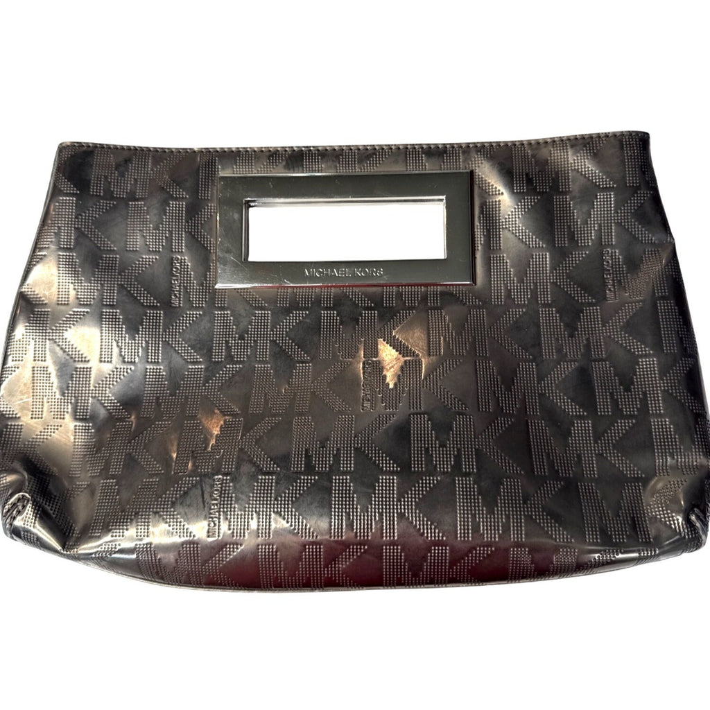 Michael Kors Brown Metallic Monogram Embossed Clutch Bag W/ Metal Cutout Handle