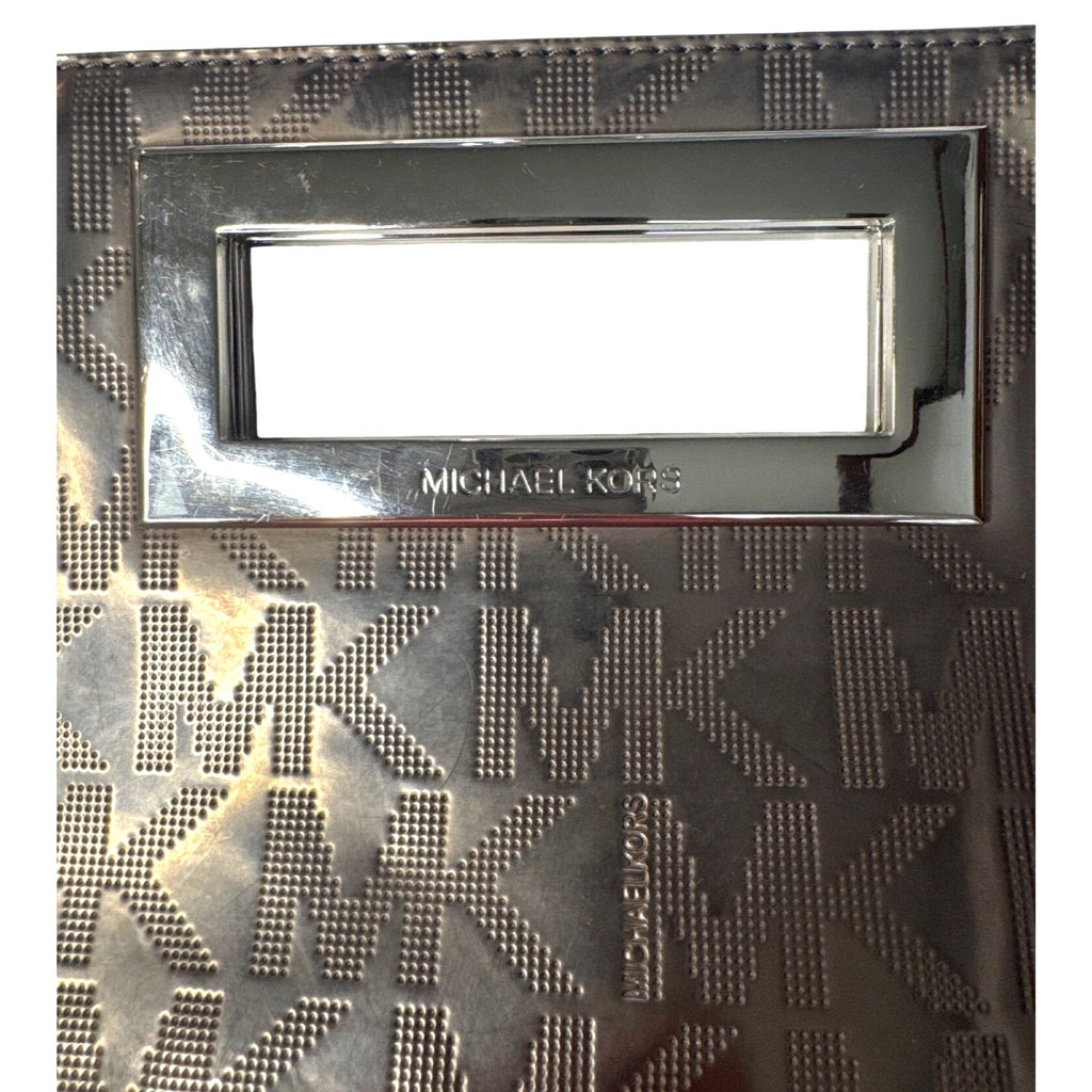 Michael Kors Brown Metallic Monogram Embossed Clutch Bag W/ Metal Cutout Handle