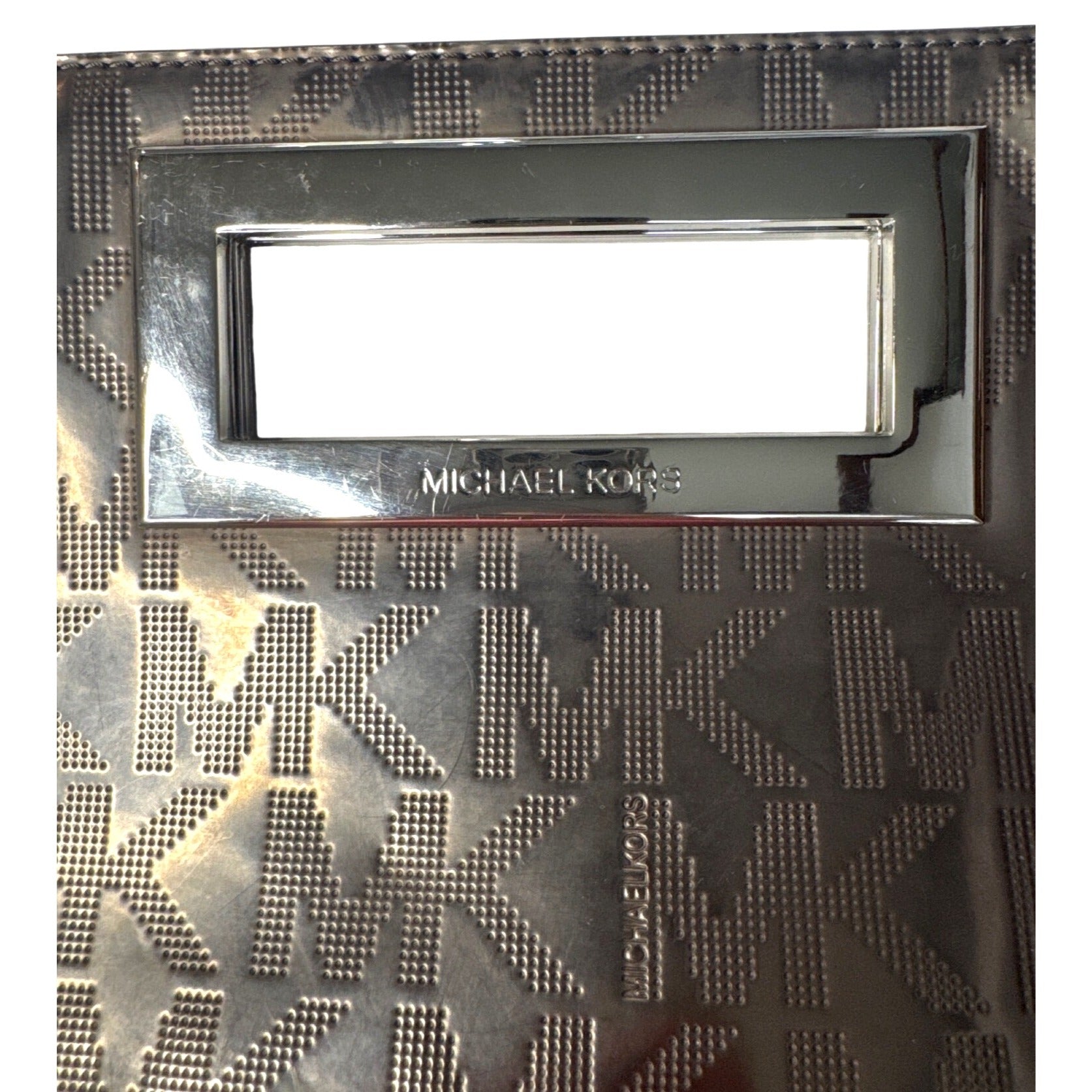 Michael Kors Brown Metallic Monogram Embossed Clutch Bag W/ Metal Cutout Handle