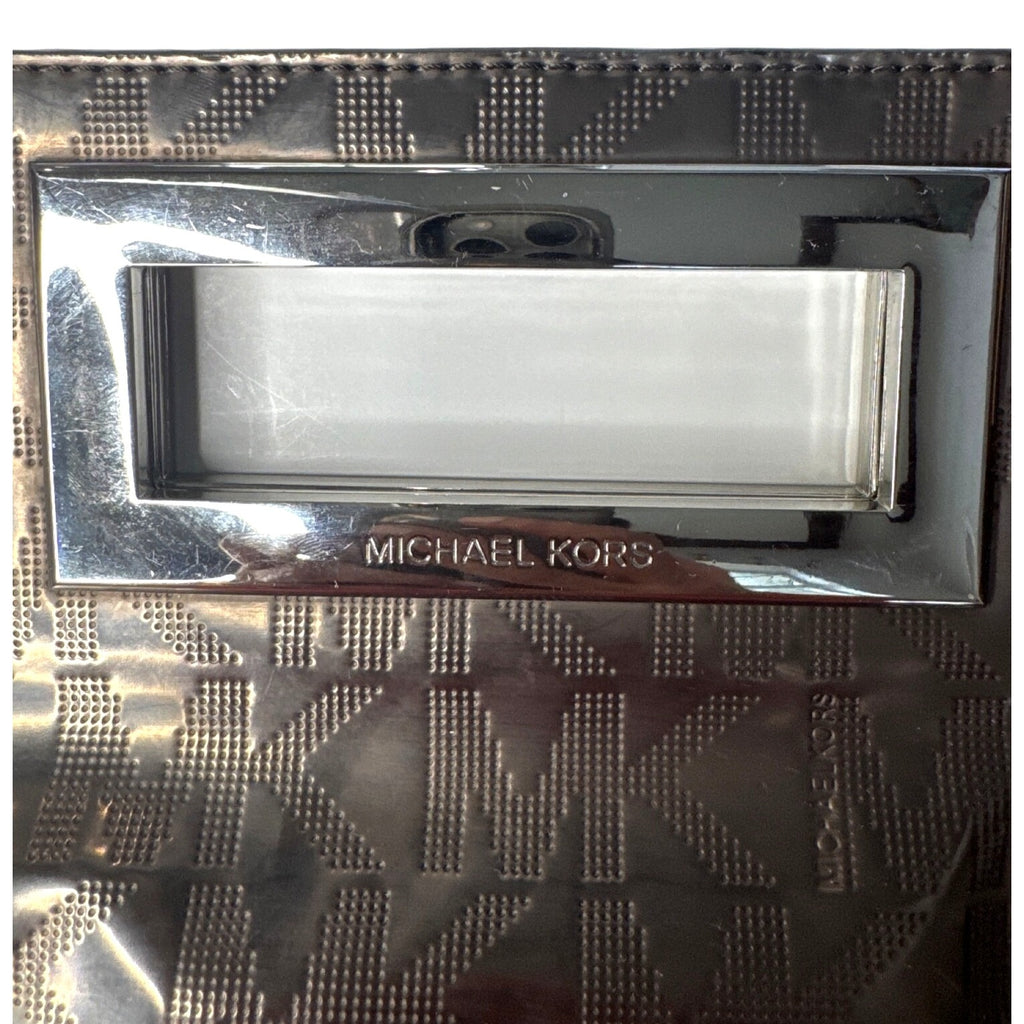 Michael Kors Brown Metallic Monogram Embossed Clutch Bag W/ Metal Cutout Handle