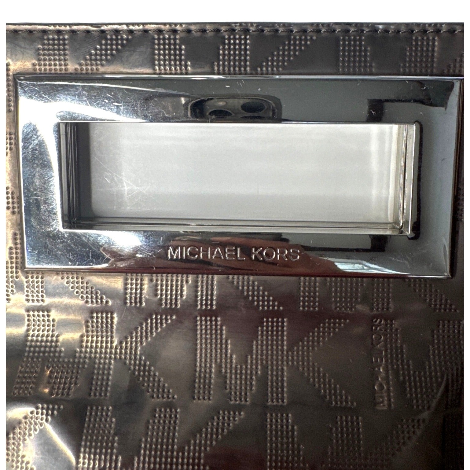 Michael Kors Brown Metallic Monogram Embossed Clutch Bag W/ Metal Cutout Handle