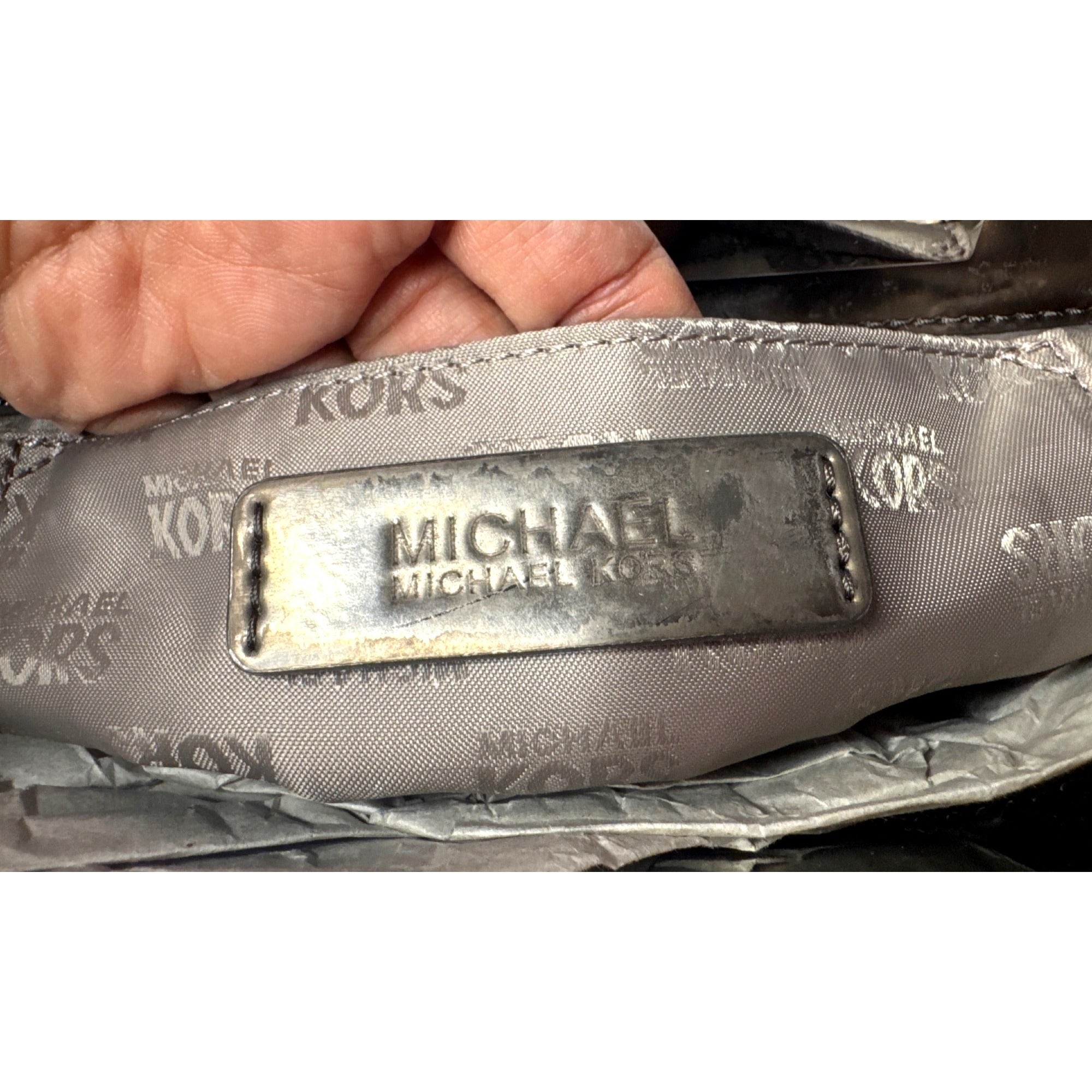 Michael Kors Brown Metallic Monogram Embossed Clutch Bag W/ Metal Cutout Handle