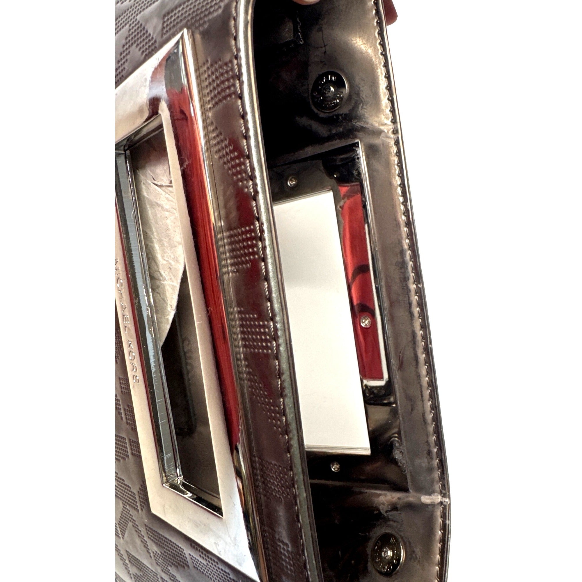 Michael Kors Brown Metallic Monogram Embossed Clutch Bag W/ Metal Cutout Handle