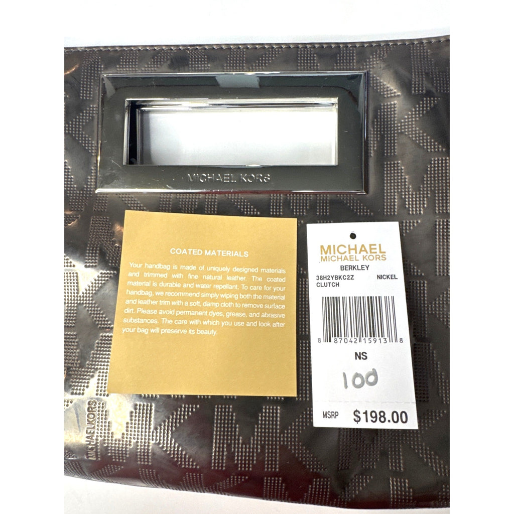 Michael Kors Brown Metallic Monogram Embossed Clutch Bag W/ Metal Cutout Handle