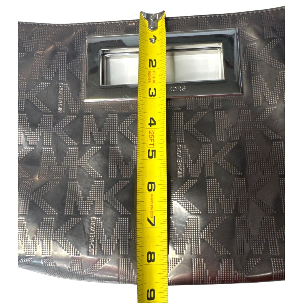 Michael Kors Brown Metallic Monogram Embossed Clutch Bag W/ Metal Cutout Handle