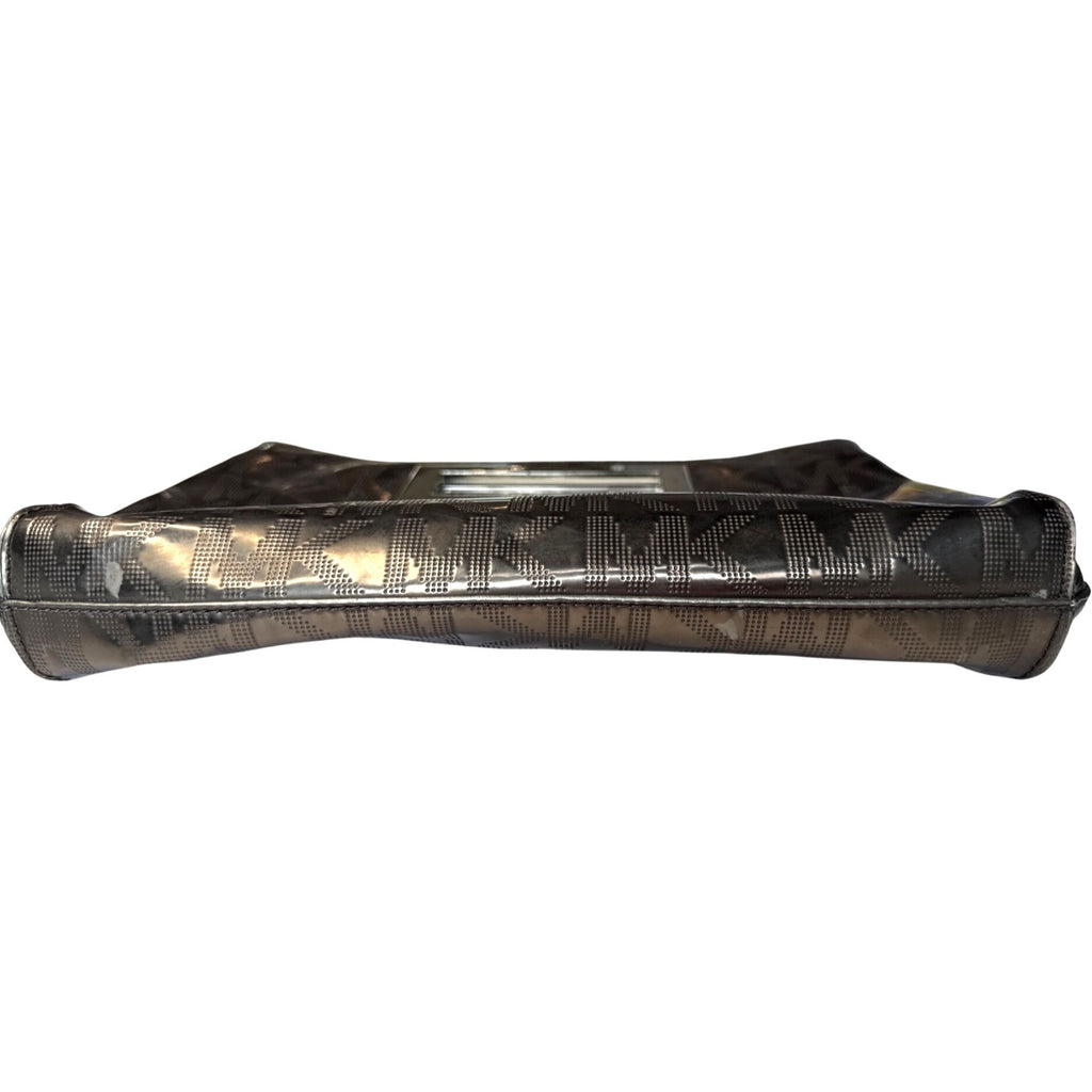Michael Kors Brown Metallic Monogram Embossed Clutch Bag W/ Metal Cutout Handle