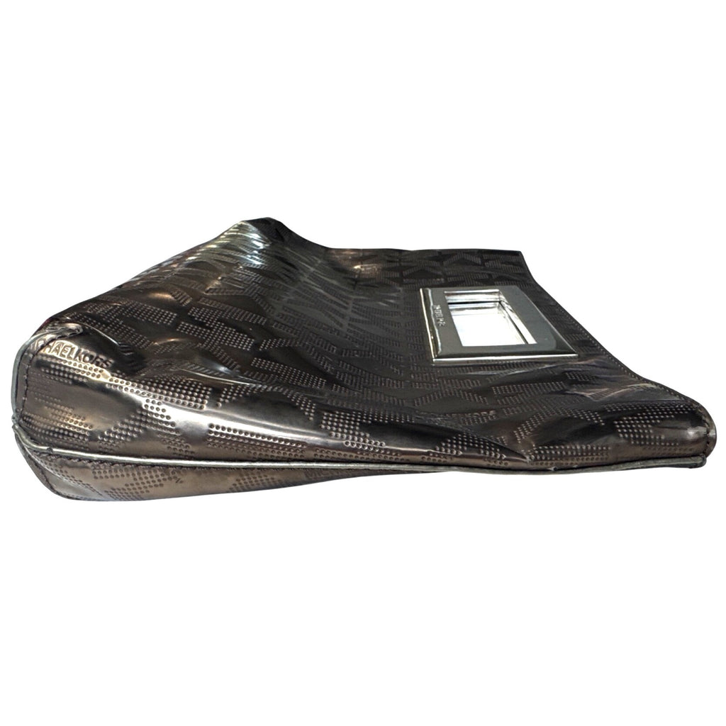 Michael Kors Brown Metallic Monogram Embossed Clutch Bag W/ Metal Cutout Handle