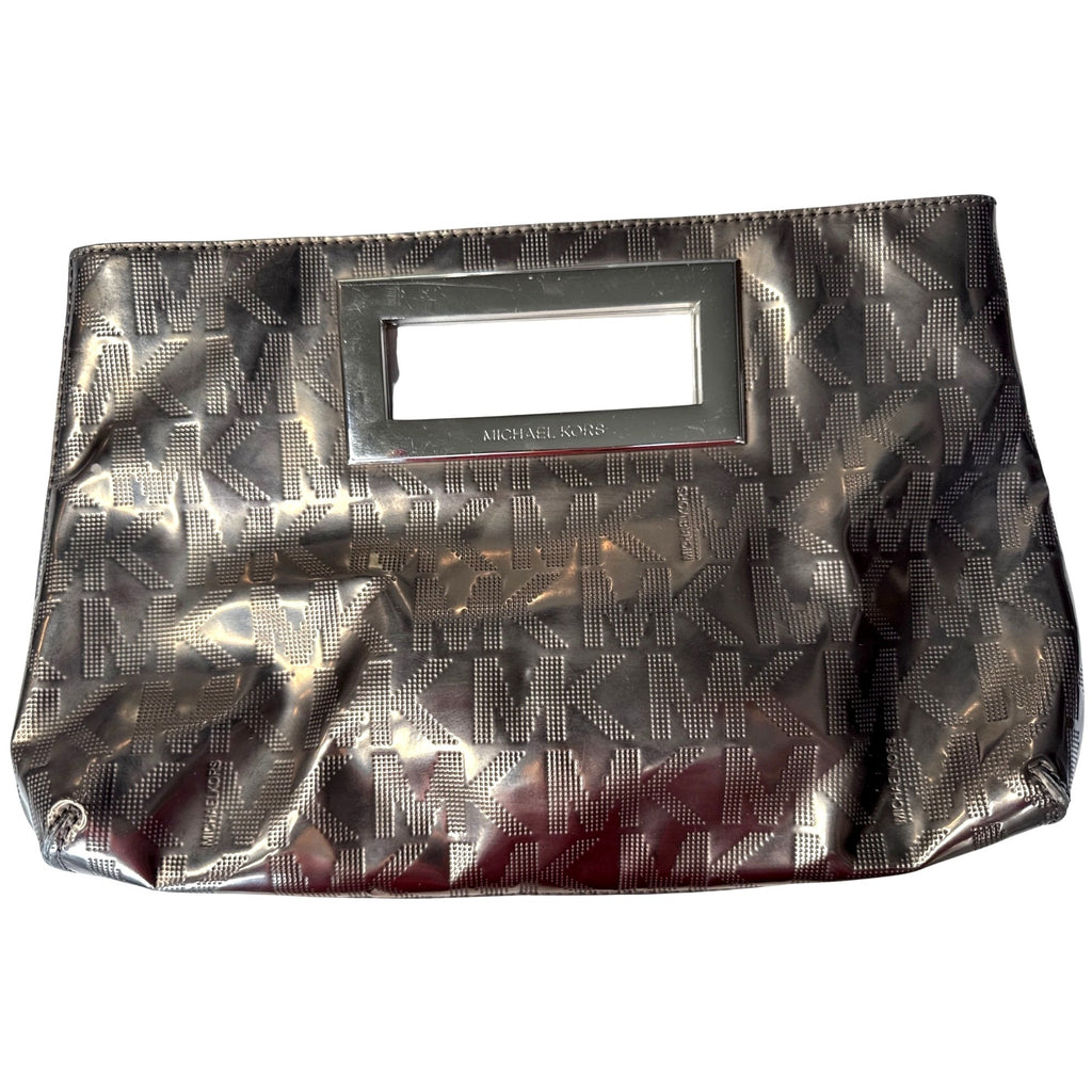 Michael Kors Brown Metallic Monogram Embossed Clutch Bag W/ Metal Cutout Handle