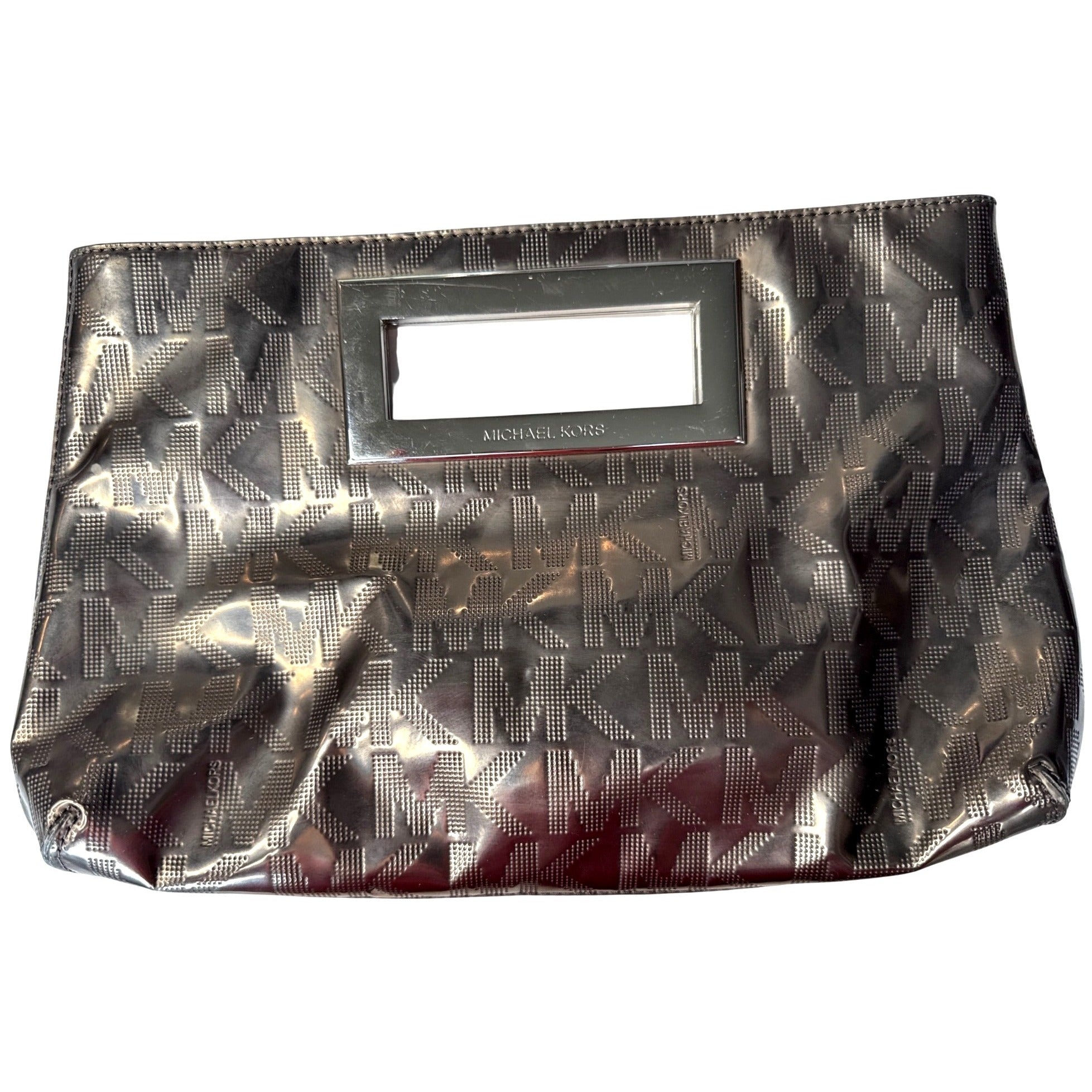 Michael Kors Brown Metallic Monogram Embossed Clutch Bag W/ Metal Cutout Handle