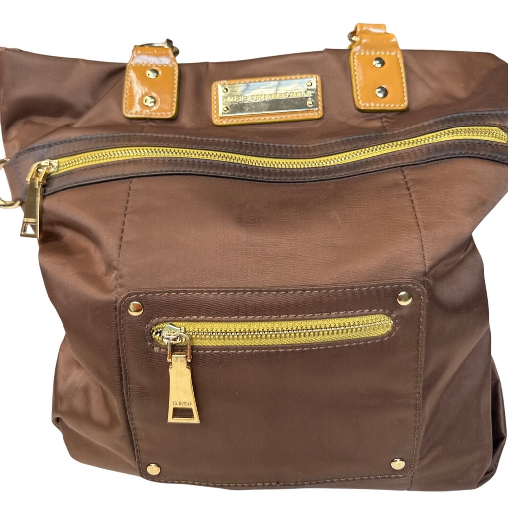 Bosisio Parini Brown Nylon Tote Bag With Yellow Zippers & Patent Leather Straps
