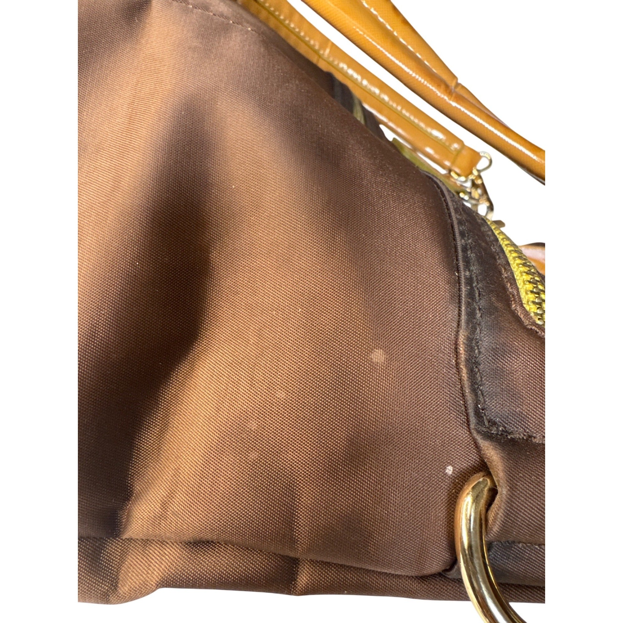 Bosisio Parini Brown Nylon Tote Bag With Yellow Zippers & Patent Leather Straps