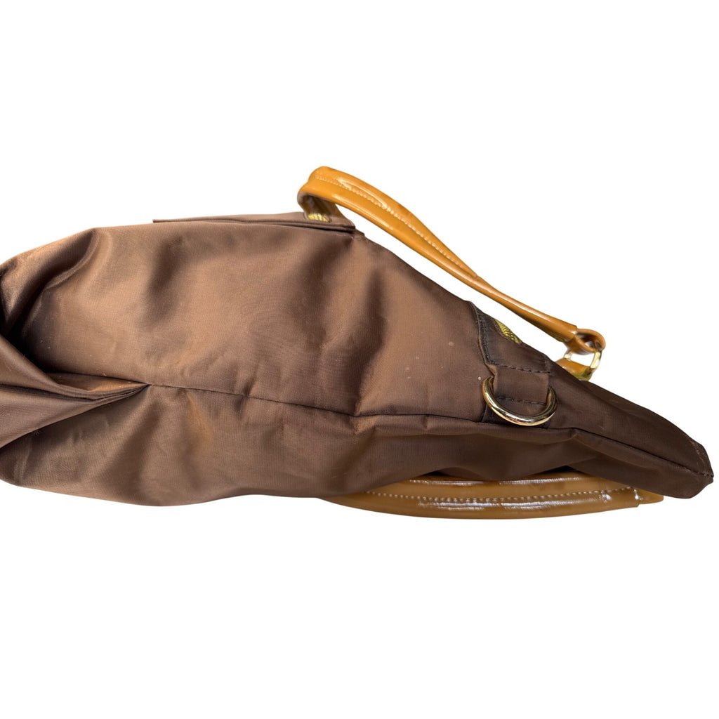Bosisio Parini Brown Nylon Tote Bag With Yellow Zippers & Patent Leather Straps