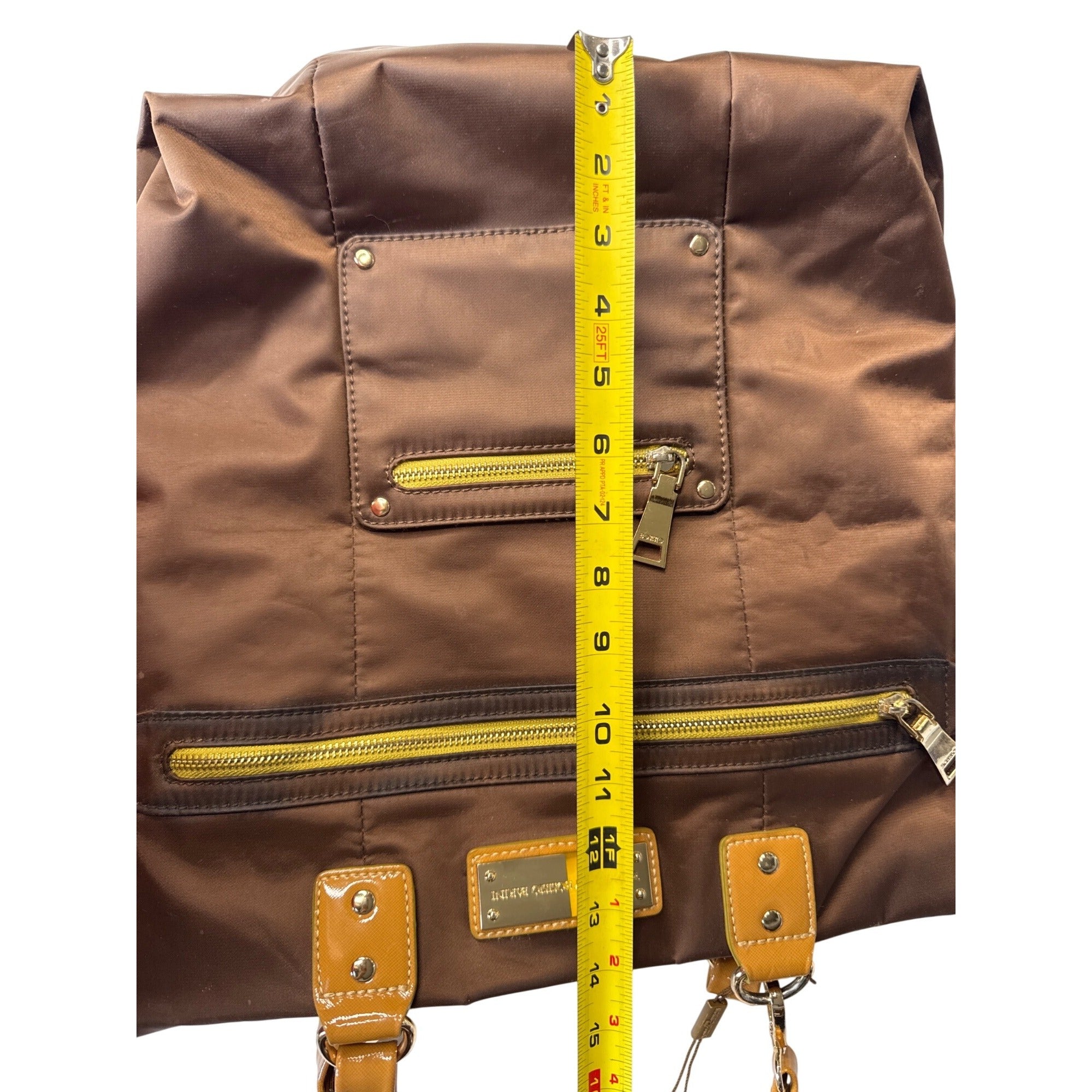 Bosisio Parini Brown Nylon Tote Bag With Yellow Zippers & Patent Leather Straps