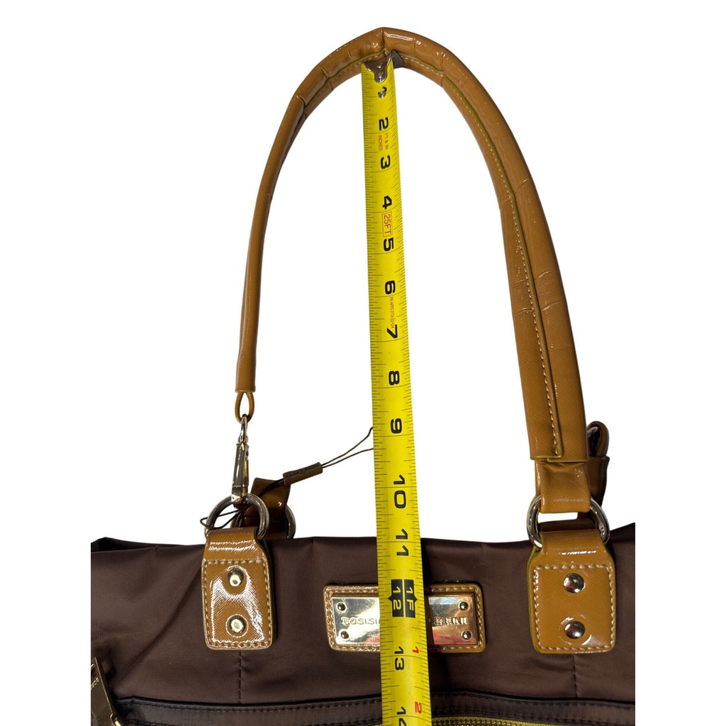 Bosisio Parini Brown Nylon Tote Bag With Yellow Zippers & Patent Leather Straps