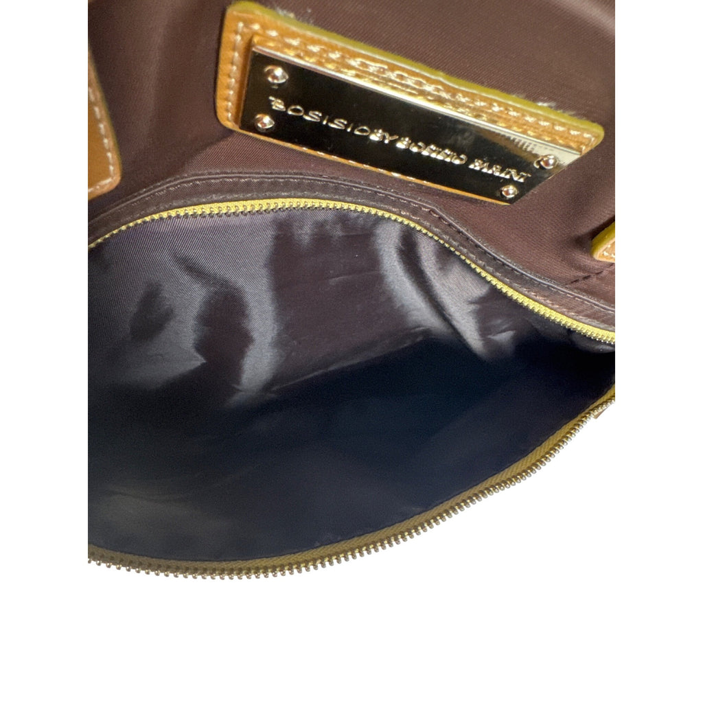 Bosisio Parini Brown Nylon Tote Bag With Yellow Zippers & Patent Leather Straps