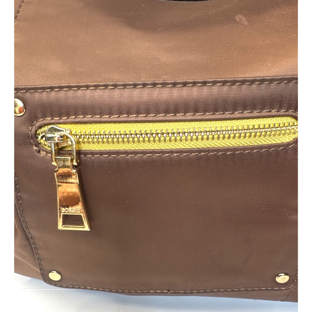 Bosisio Parini Brown Nylon Tote Bag With Yellow Zippers & Patent Leather Straps