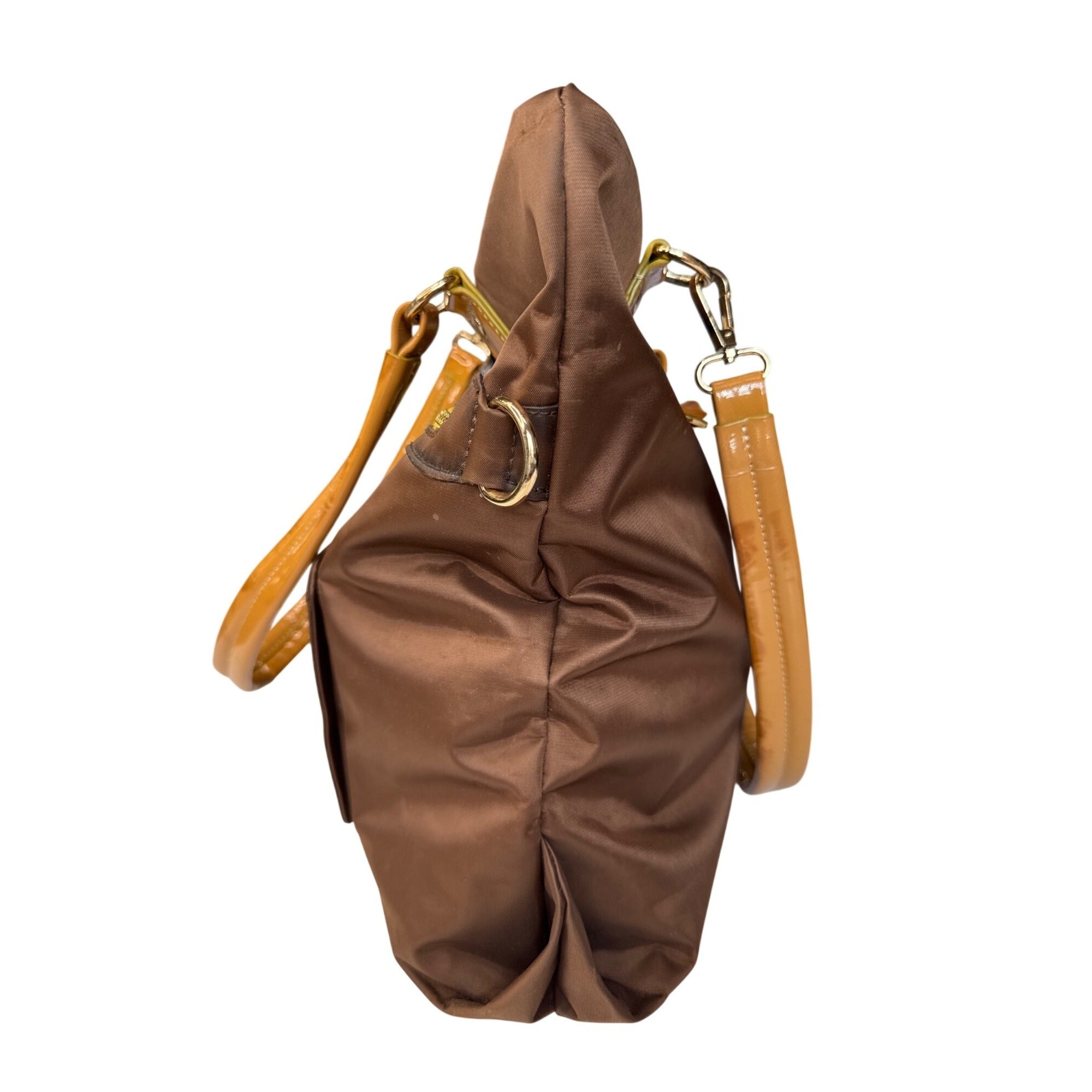 Bosisio Parini Brown Nylon Tote Bag With Yellow Zippers & Patent Leather Straps