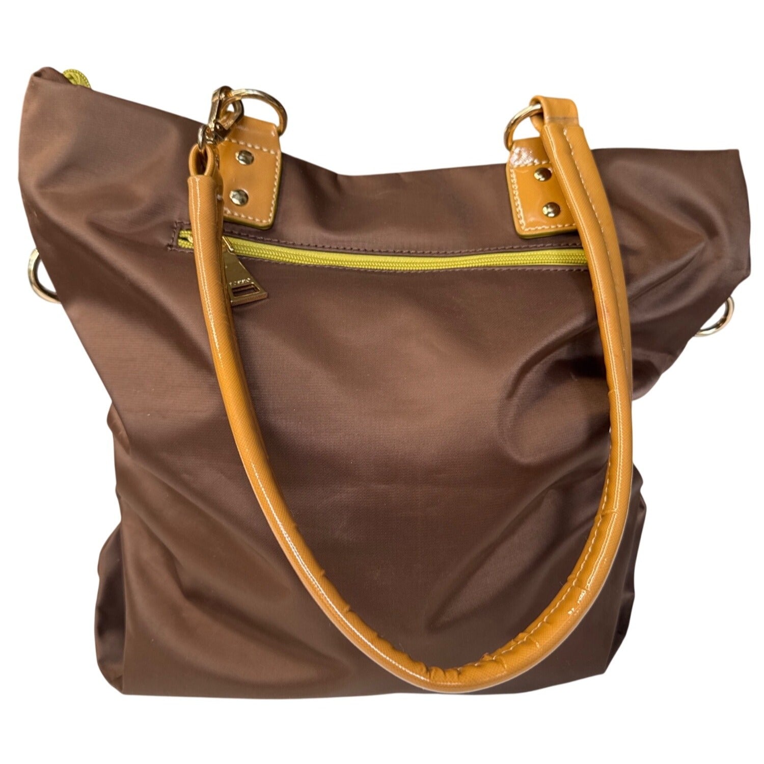 Bosisio Parini Brown Nylon Tote Bag With Yellow Zippers & Patent Leather Straps
