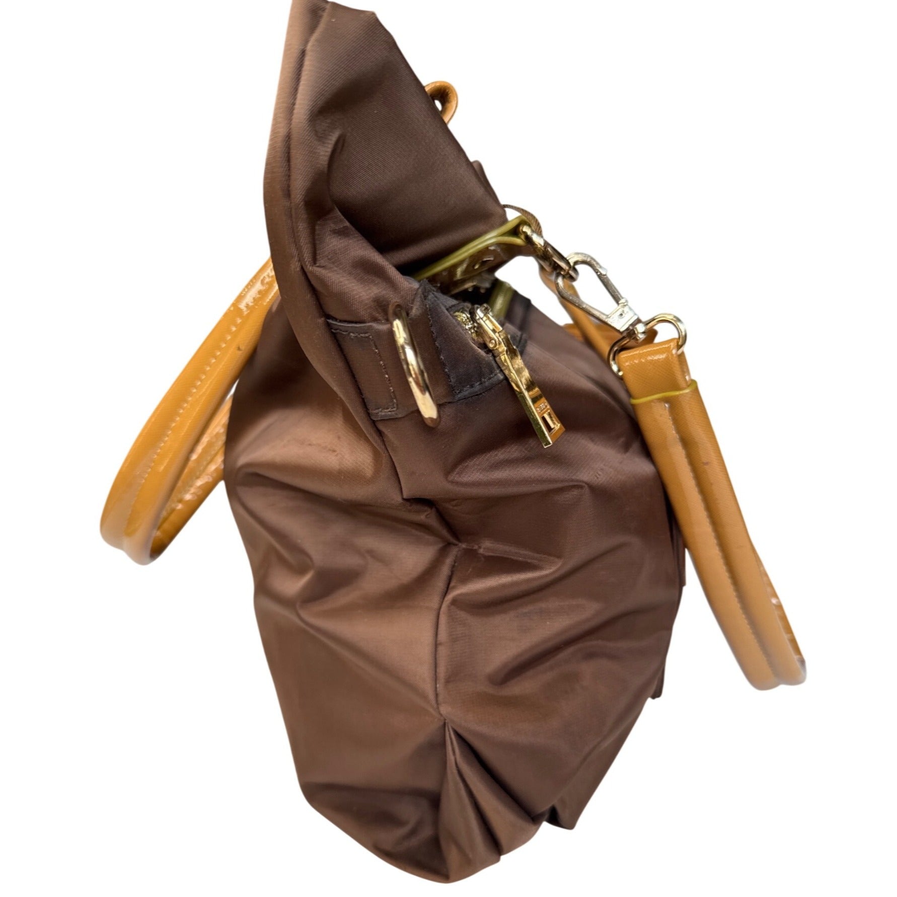 Bosisio Parini Brown Nylon Tote Bag With Yellow Zippers & Patent Leather Straps