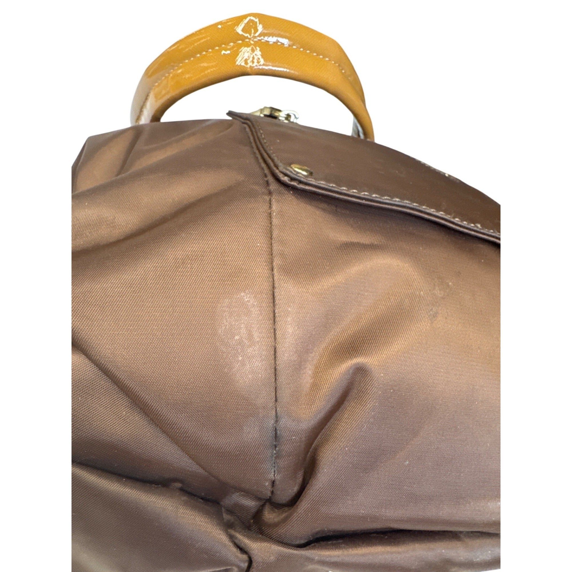 Bosisio Parini Brown Nylon Tote Bag With Yellow Zippers & Patent Leather Straps