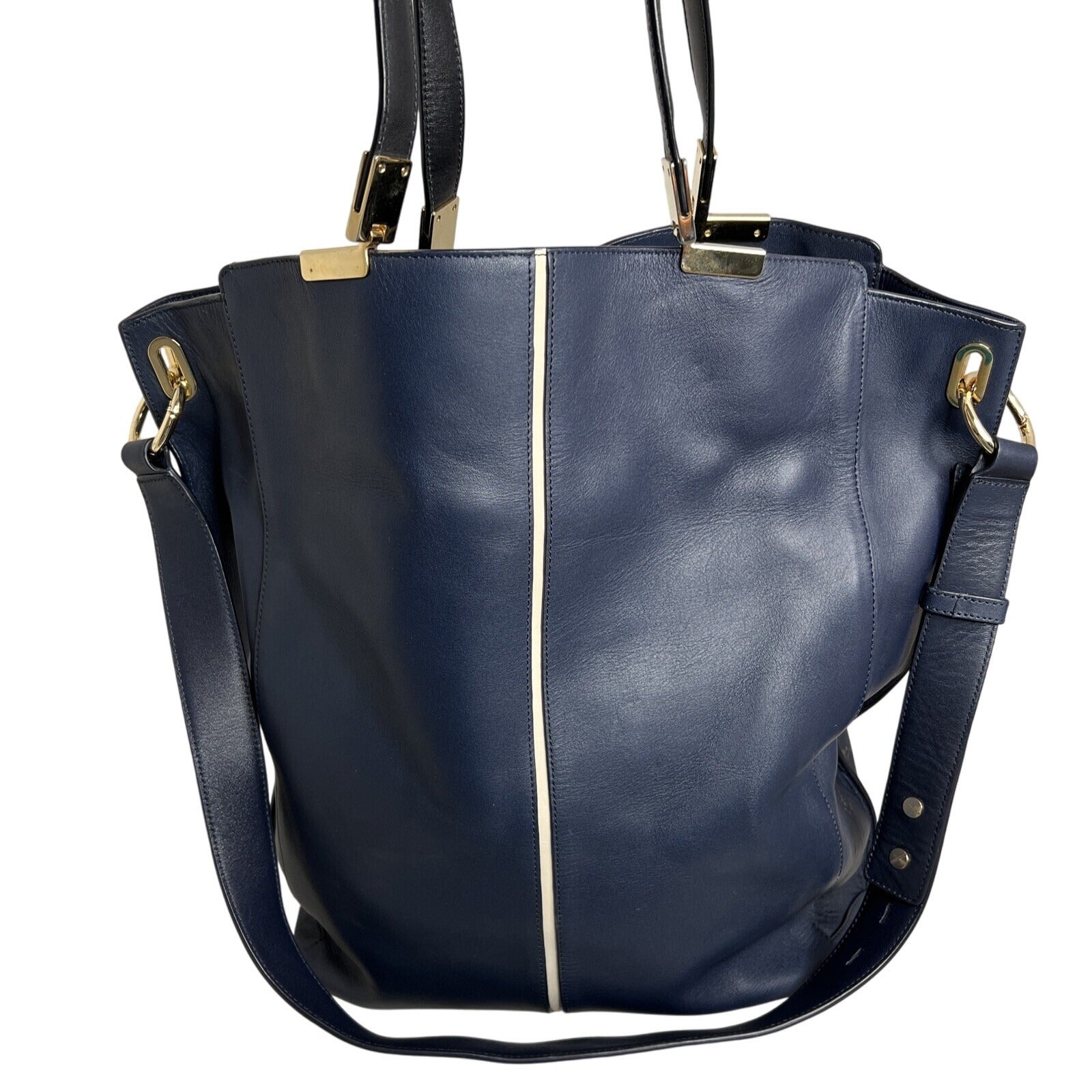 Times Arrow Large Navy Blue Leather Tote Bag Gold Hardware /White Accent