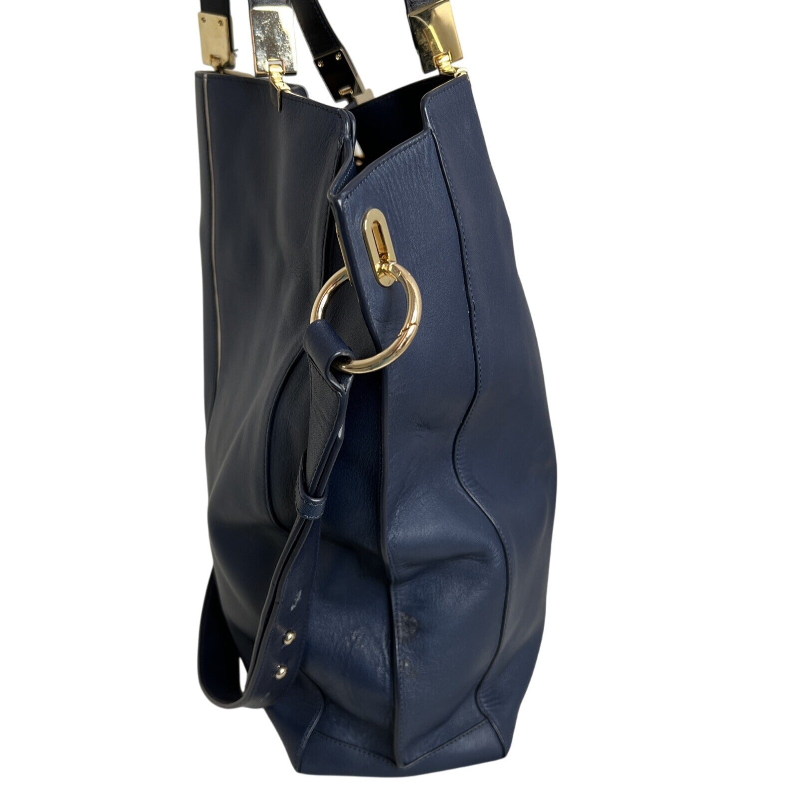 Times Arrow Large Navy Blue Leather Tote Bag Gold Hardware /White Accent
