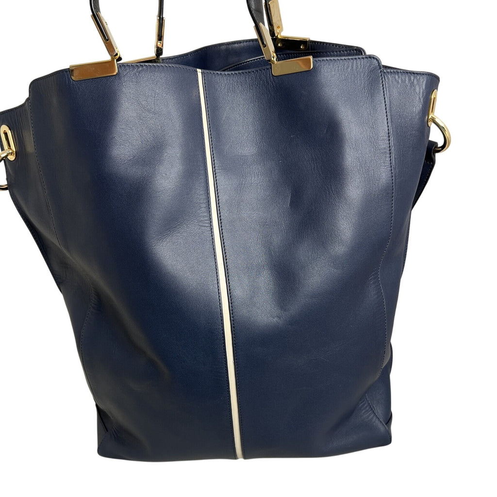 Times Arrow Large Navy Blue Leather Tote Bag Gold Hardware /White Accent
