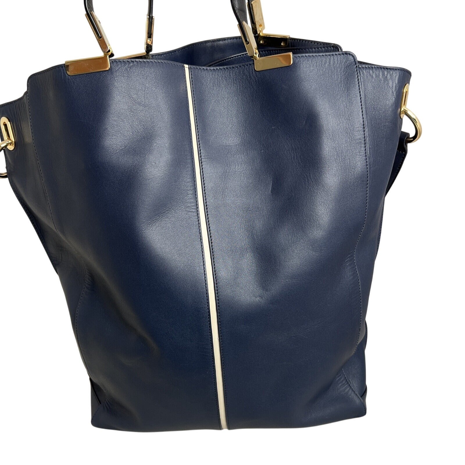 Times Arrow Large Navy Blue Leather Tote Bag Gold Hardware /White Accent