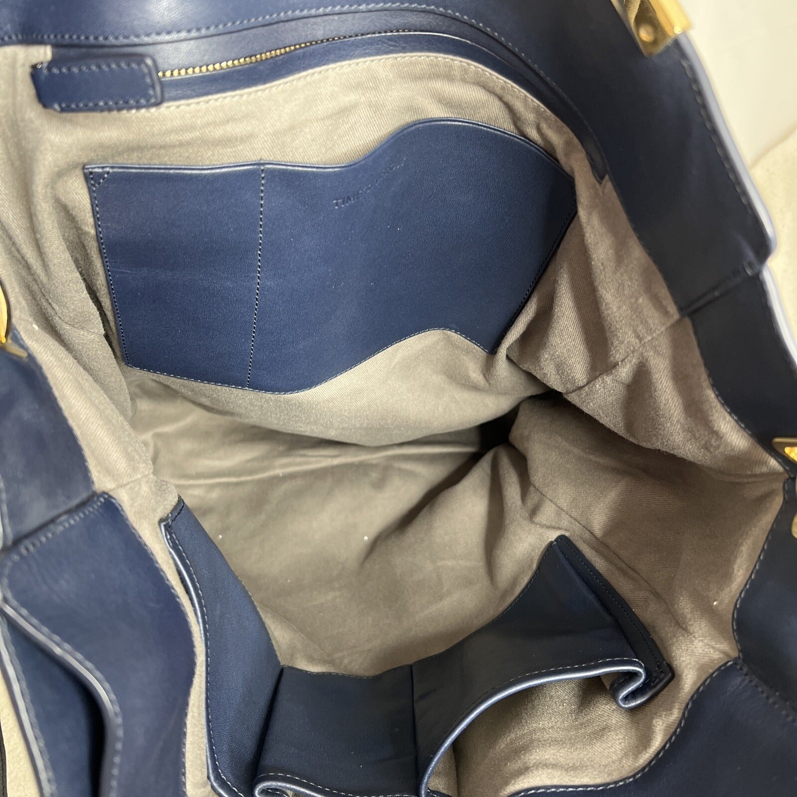 Times Arrow Large Navy Blue Leather Tote Bag Gold Hardware /White Accent