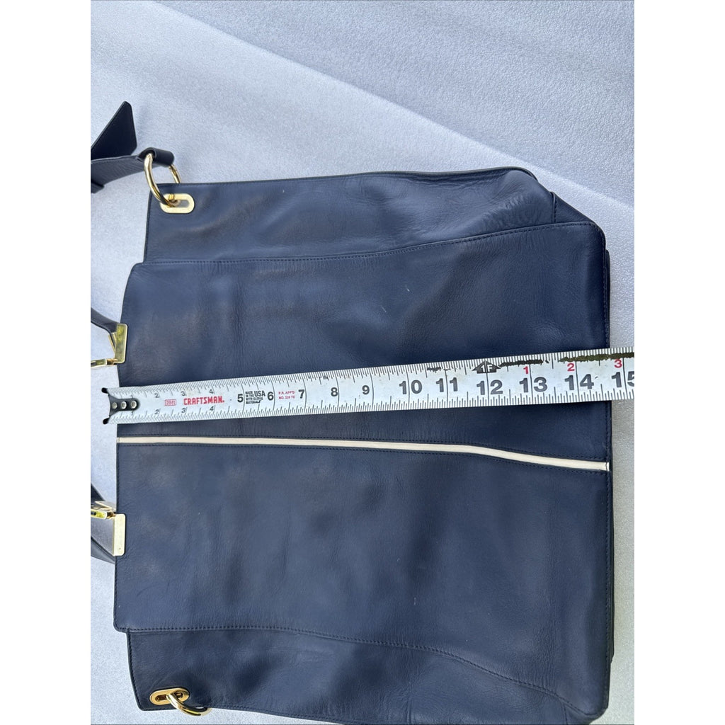 Times Arrow Large Navy Blue Leather Tote Bag Gold Hardware /White Accent