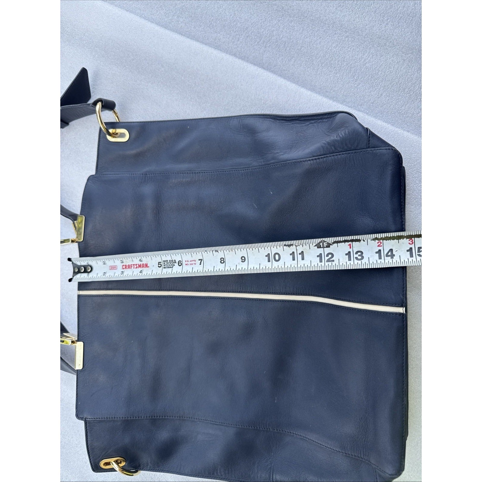 Times Arrow Large Navy Blue Leather Tote Bag Gold Hardware /White Accent