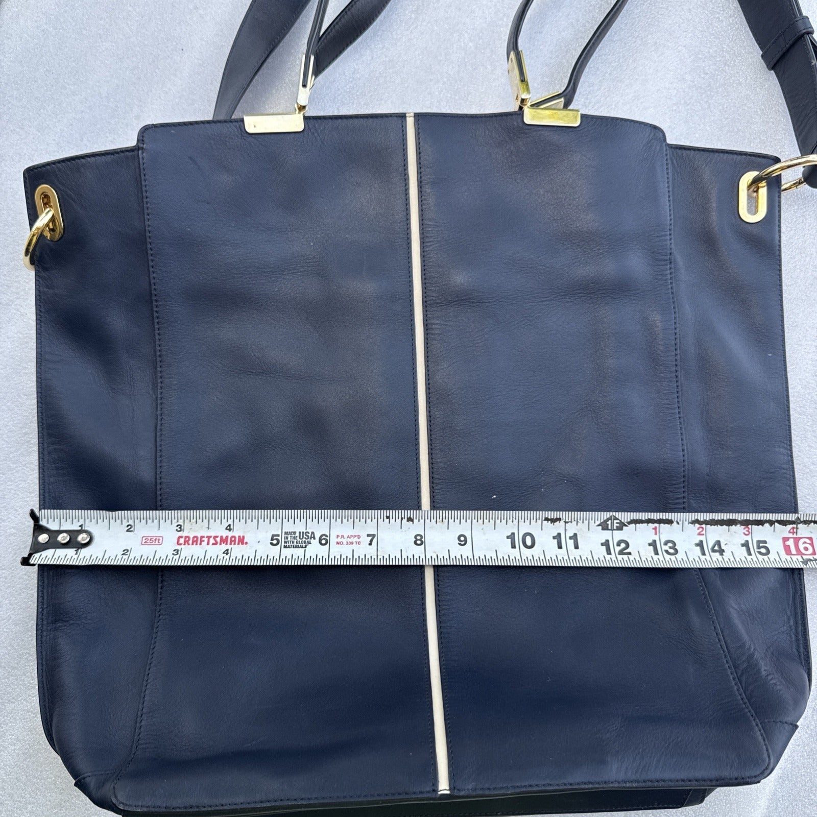 Times Arrow Large Navy Blue Leather Tote Bag Gold Hardware /White Accent