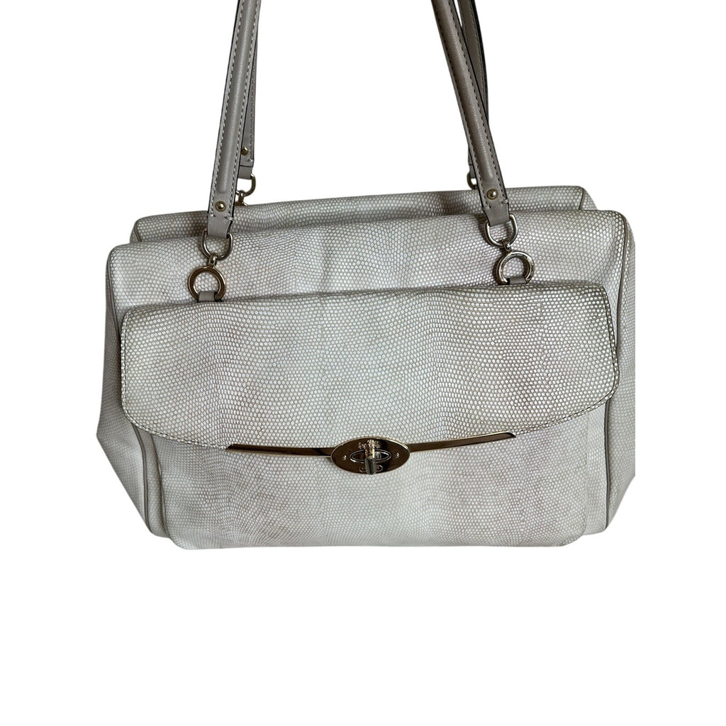 Coach White Leather Textured Shoulder Bag With Gold Turnlock & Double Handles