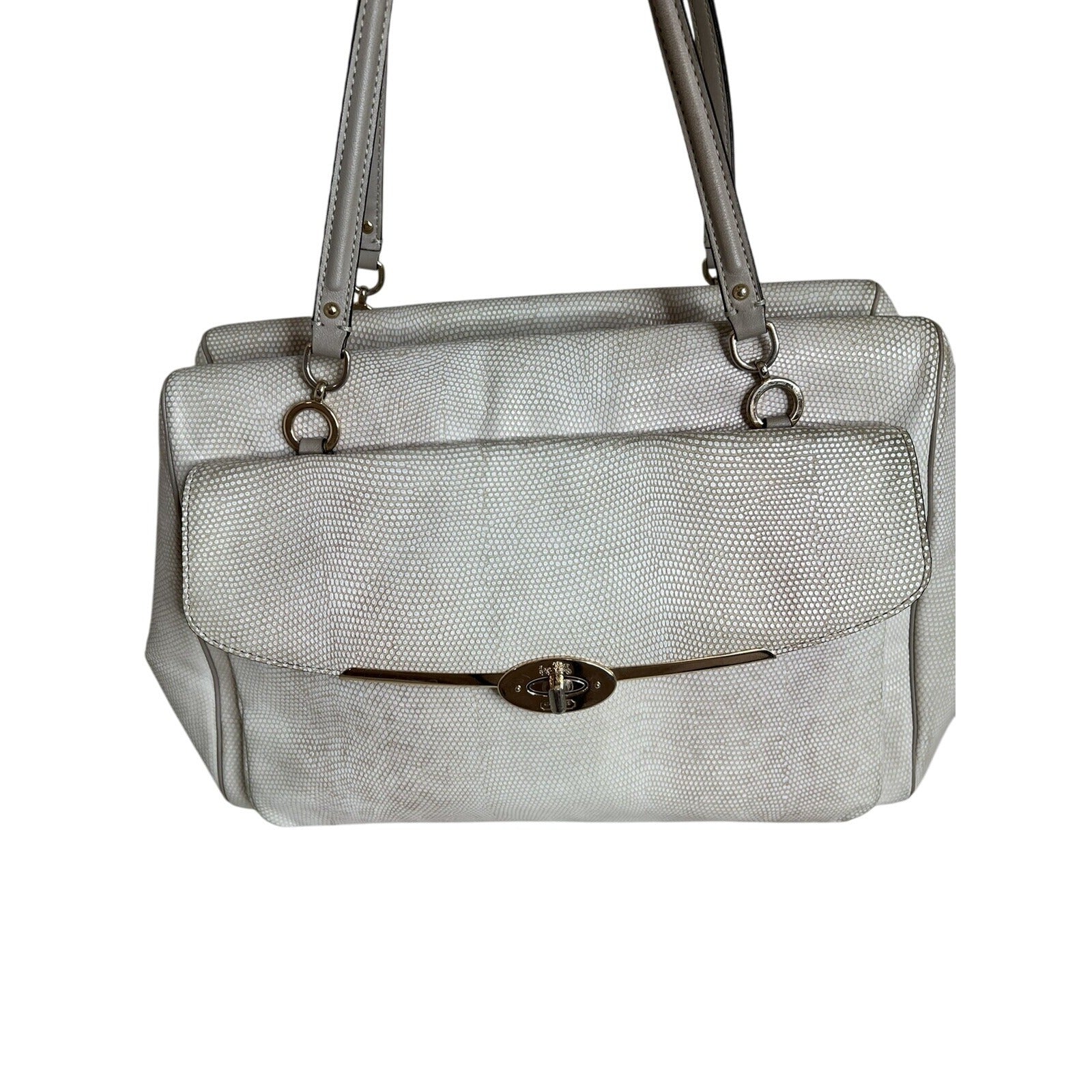 Coach White Leather Textured Shoulder Bag With Gold Turnlock & Double Handles