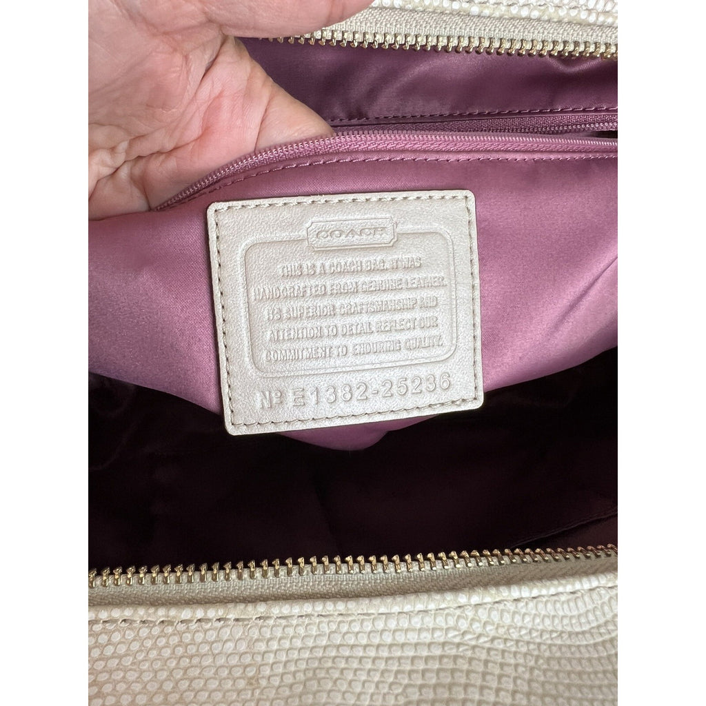 Coach White Leather Textured Shoulder Bag With Gold Turnlock & Double Handles